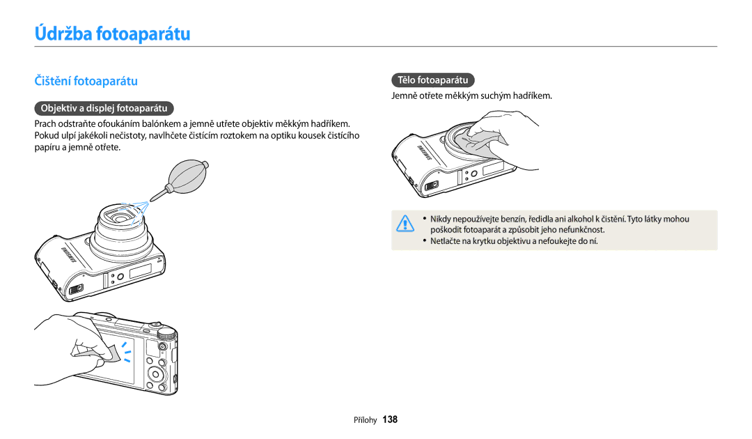 Samsung EC-WB200FBPRE3 manual Údržba fotoaparátu, Čištění fotoaparátu, Objektiv a displej fotoaparátu, Tělo fotoaparátu 