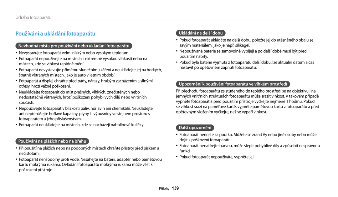Samsung EC-WB200FBPBE3, EC-WB200FBPWE3, EC-WB200FBPRE3 manual Používání a ukládání fotoaparátu 
