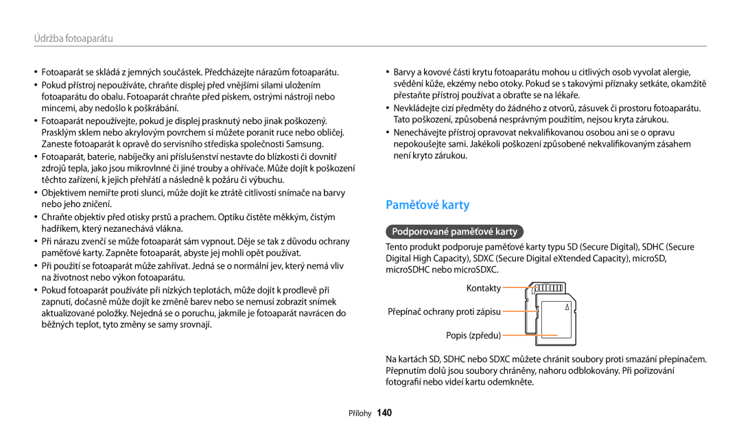 Samsung EC-WB200FBPWE3, EC-WB200FBPRE3, EC-WB200FBPBE3 manual Paměťové karty, Podporované paměťové karty 