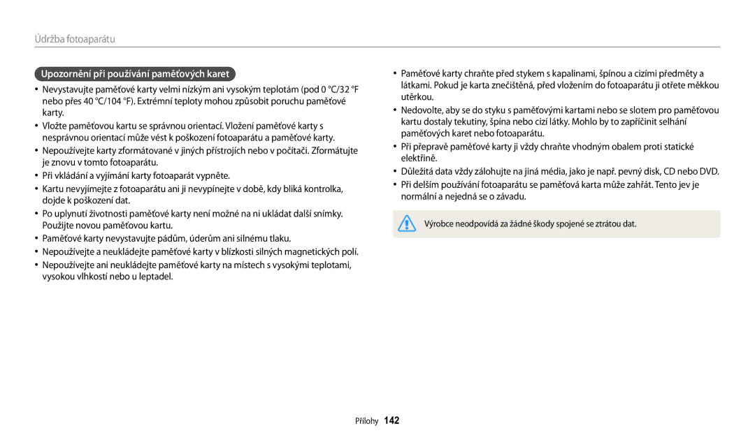 Samsung EC-WB200FBPBE3, EC-WB200FBPWE3, EC-WB200FBPRE3 manual Upozornění při používání paměťových karet 