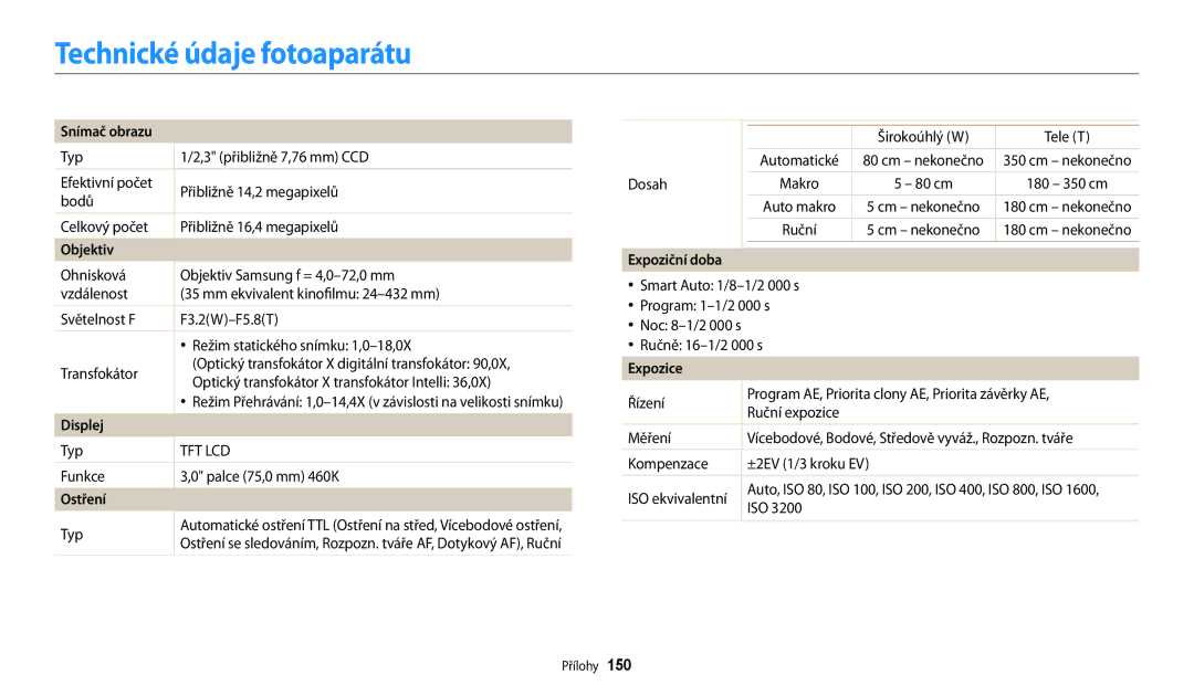 Samsung EC-WB200FBPRE3, EC-WB200FBPWE3 manual Technické údaje fotoaparátu, Snímač obrazu, Displej, Ostření, Expozice 