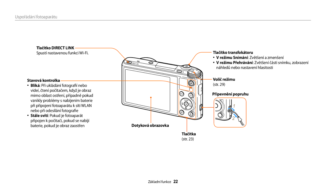 Samsung EC-WB200FBPBE3, EC-WB200FBPWE3 manual Tlačítko Direct Link, Stavová kontrolka, Dotyková, Tlačítko transfokátoru 