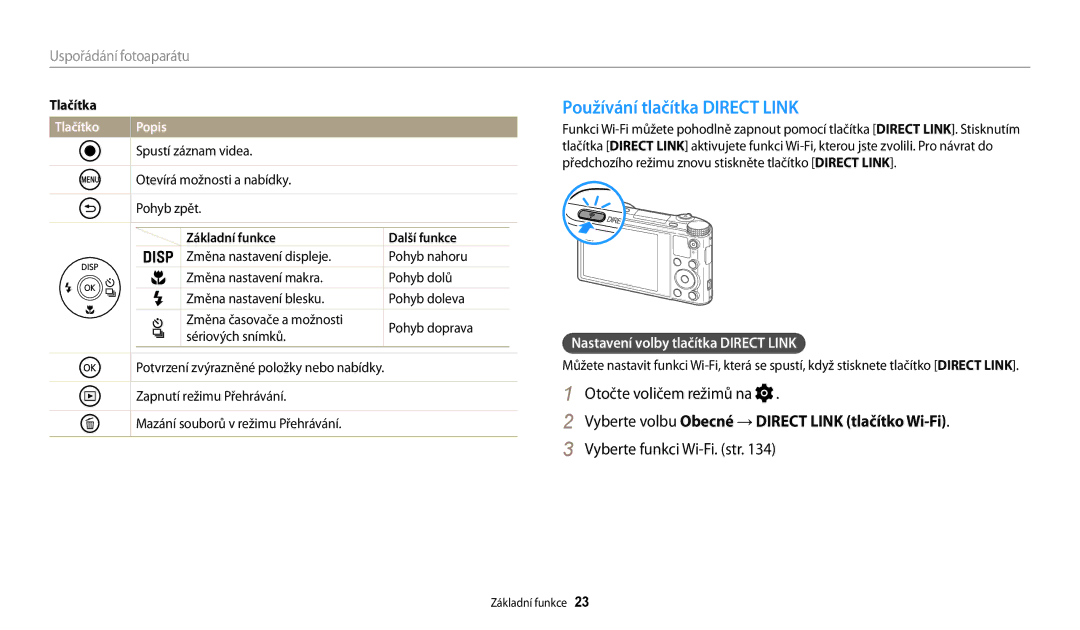 Samsung EC-WB200FBPWE3 Používání tlačítka Direct Link, Otočte voličem režimů na, Nastavení volby tlačítka Direct Link 