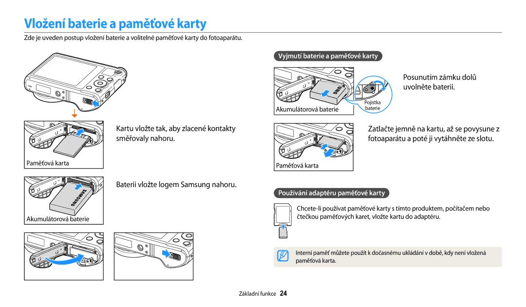 Samsung EC-WB200FBPRE3 manual Vložení baterie a paměťové karty, Uvolněte baterii, Vyjmutí baterie a paměťové karty 