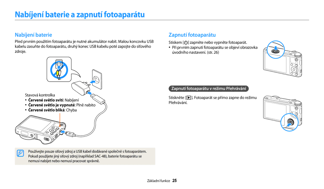 Samsung EC-WB200FBPBE3, EC-WB200FBPWE3, EC-WB200FBPRE3 manual Nabíjení baterie a zapnutí fotoaparátu, Zapnutí fotoaparátu 