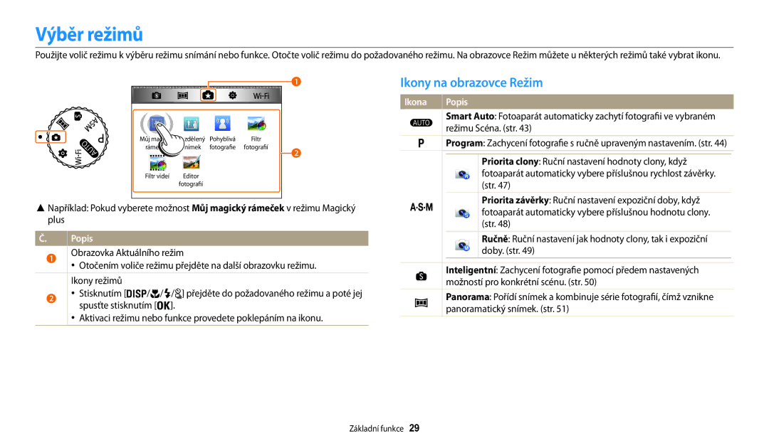 Samsung EC-WB200FBPWE3, EC-WB200FBPRE3, EC-WB200FBPBE3 manual Výběr režimů, Ikony na obrazovce Režim 