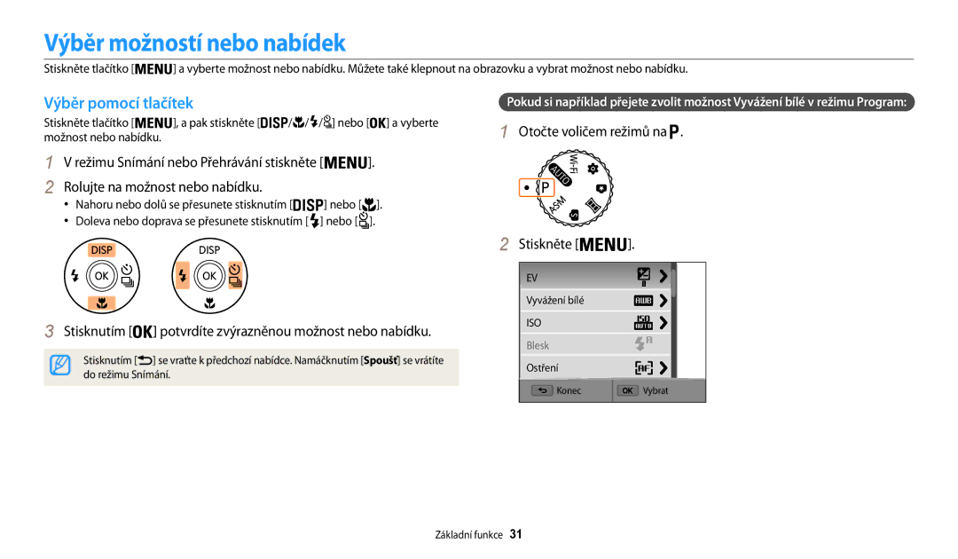 Samsung EC-WB200FBPBE3, EC-WB200FBPWE3 Výběr možností nebo nabídek, Výběr pomocí tlačítek, Rolujte na možnost nebo nabídku 