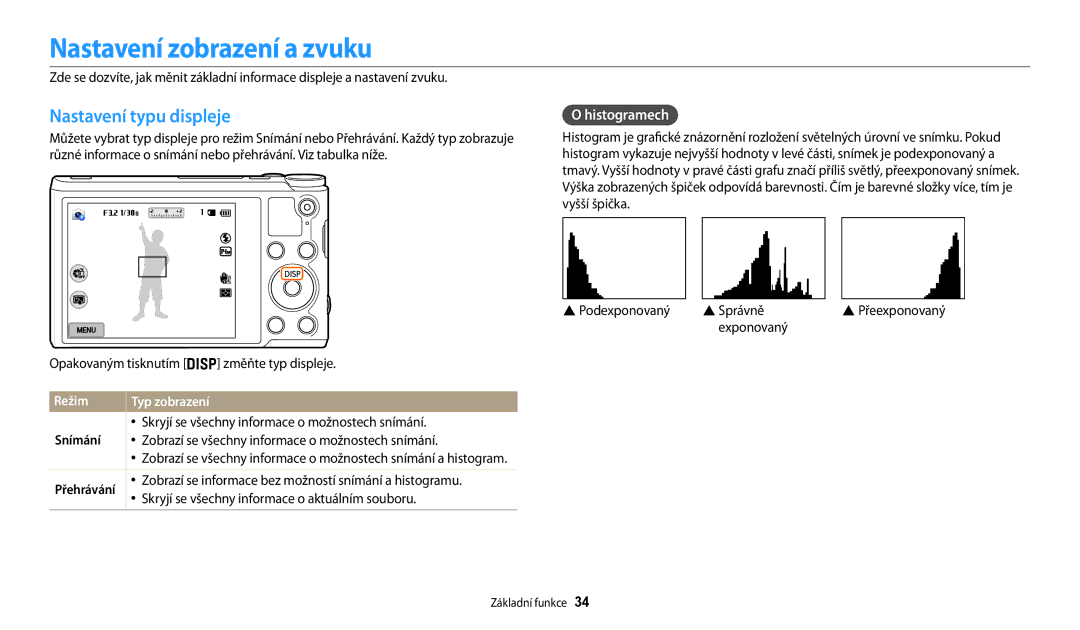 Samsung EC-WB200FBPBE3 Nastavení zobrazení a zvuku, Nastavení typu displeje, Histogramech, Režim Typ zobrazení, Snímání 