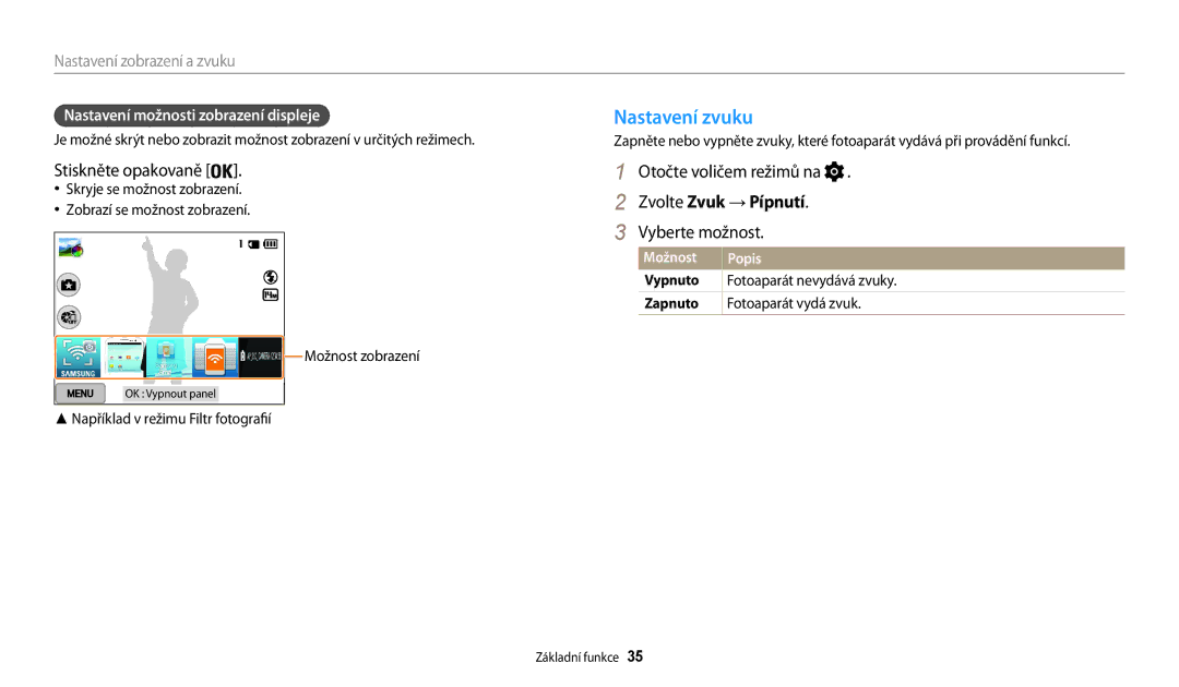 Samsung EC-WB200FBPWE3, EC-WB200FBPRE3 manual Nastavení zvuku, Stiskněte opakovaně, Zvolte Zvuk → Pípnutí, Vyberte možnost 