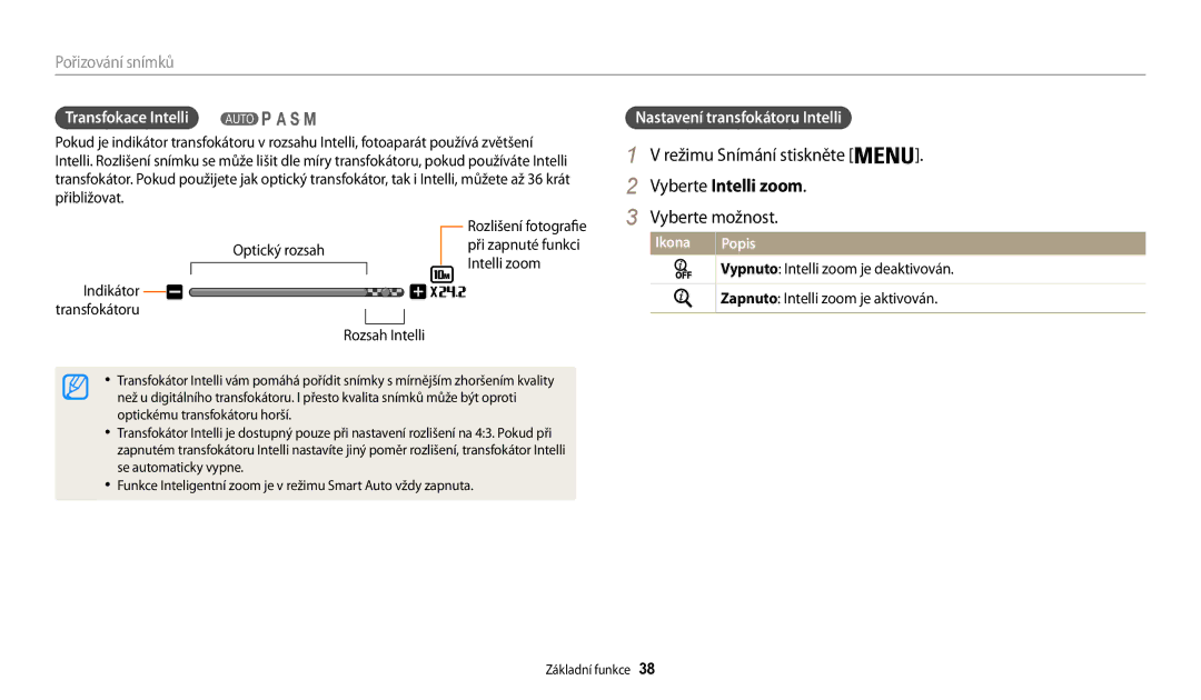 Samsung EC-WB200FBPWE3, EC-WB200FBPRE3 manual Režimu Snímání stiskněte, Transfokace Intelli, Nastavení transfokátoru Intelli 