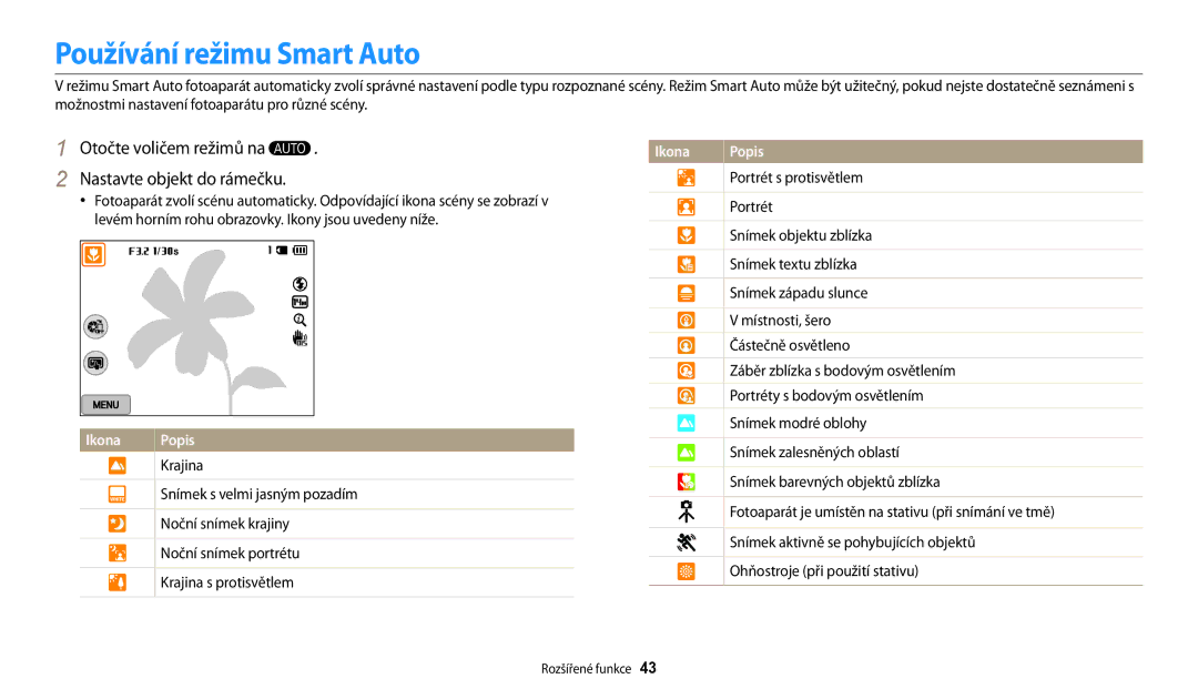 Samsung EC-WB200FBPBE3, EC-WB200FBPWE3 Používání režimu Smart Auto, Otočte voličem režimů na Nastavte objekt do rámečku 