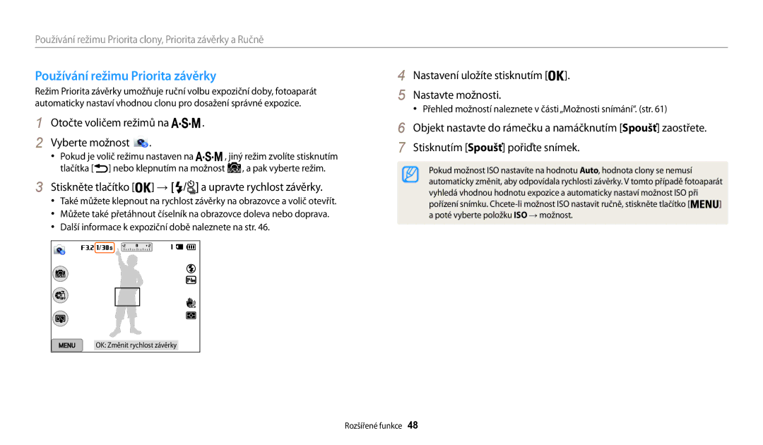 Samsung EC-WB200FBPRE3, EC-WB200FBPWE3 manual Používání režimu Priorita závěrky, Otočte voličem režimů na Vyberte možnost 