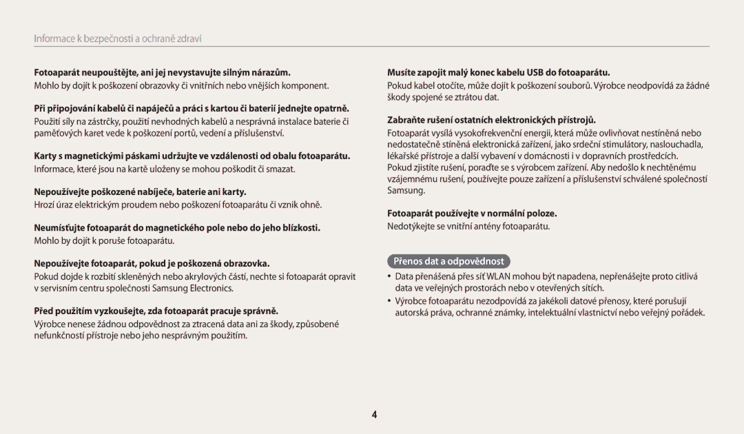 Samsung EC-WB200FBPBE3, EC-WB200FBPWE3, EC-WB200FBPRE3 manual Přenos dat a odpovědnost 