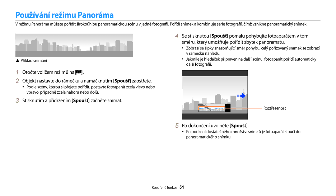 Samsung EC-WB200FBPRE3, EC-WB200FBPWE3 manual Používání režimu Panoráma, Směru, který umožňuje pořídit zbytek panoramatu 