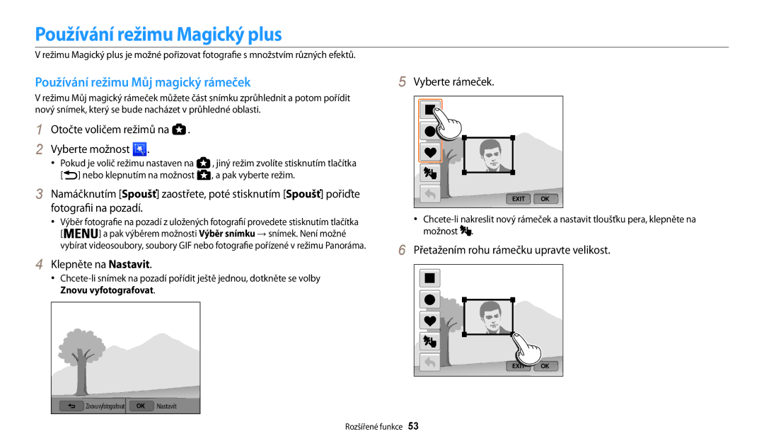 Samsung EC-WB200FBPWE3 manual Používání režimu Magický plus, Používání režimu Můj magický rámeček, Klepněte na Nastavit 