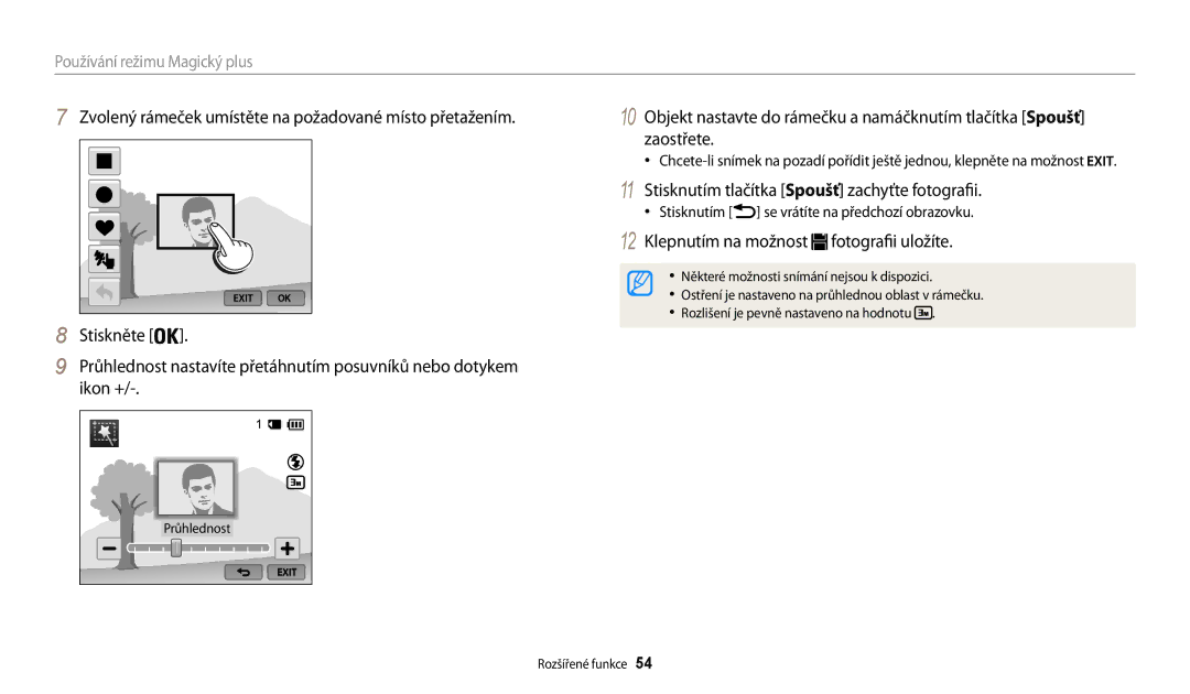 Samsung EC-WB200FBPRE3 manual Stisknutím tlačítka Spoušť zachyťte fotografii, Klepnutím na možnost fotografii uložíte 