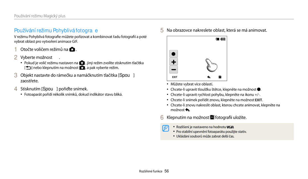 Samsung EC-WB200FBPWE3 manual Používání režimu Pohyblivá fotografie, Na obrazovce nakreslete oblast, která se má animovat 