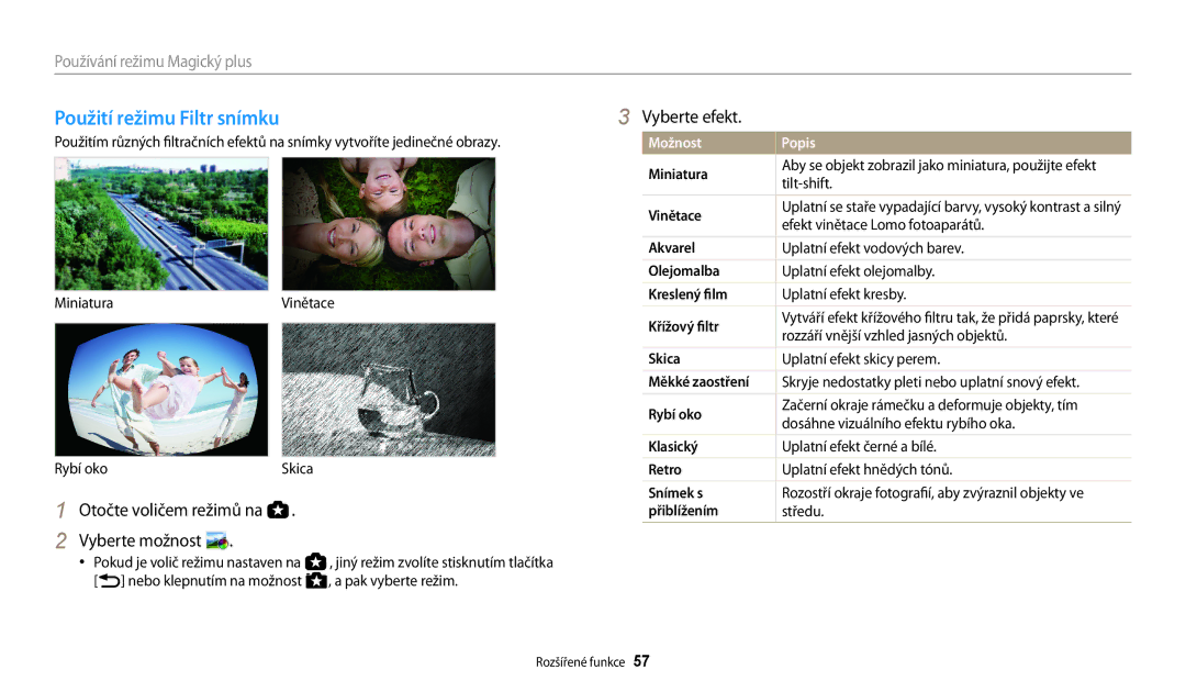 Samsung EC-WB200FBPRE3, EC-WB200FBPWE3, EC-WB200FBPBE3 manual Použití režimu Filtr snímku, Vyberte efekt 