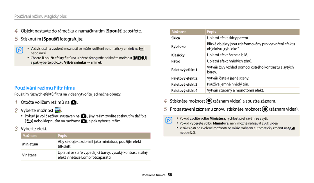 Samsung EC-WB200FBPBE3, EC-WB200FBPWE3 manual Používání režimu Filtr filmu, Stiskněte možnost záznam videa a spusťte záznam 