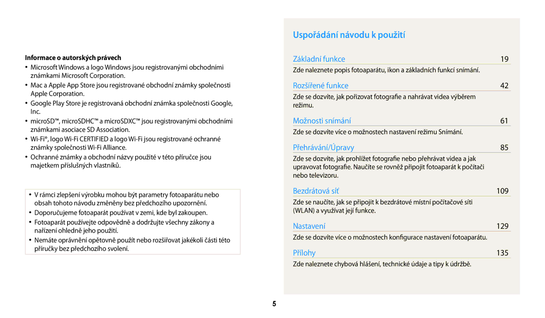 Samsung EC-WB200FBPWE3, EC-WB200FBPRE3, EC-WB200FBPBE3 manual Uspořádání návodu k použití, Informace o autorských právech 