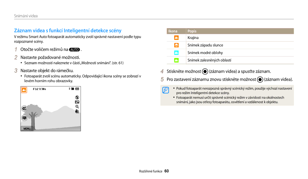 Samsung EC-WB200FBPRE3, EC-WB200FBPWE3, EC-WB200FBPBE3 manual Záznam videa s funkcí Inteligentní detekce scény, Ikona 