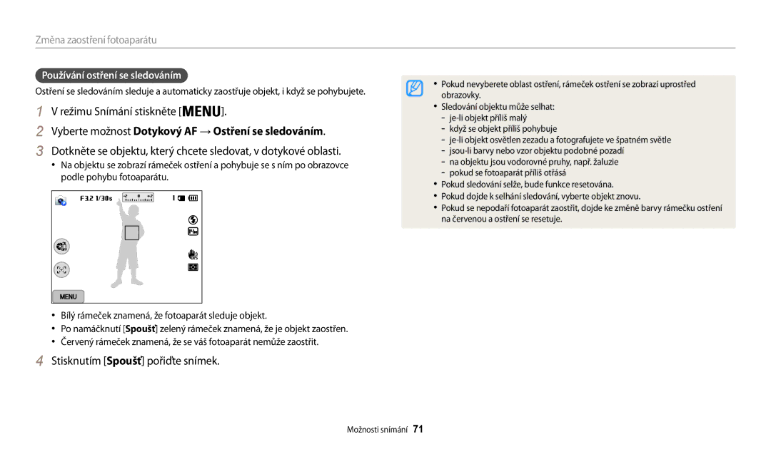 Samsung EC-WB200FBPWE3 manual Vyberte možnost Dotykový AF → Ostření se sledováním, Používání ostření se sledováním 