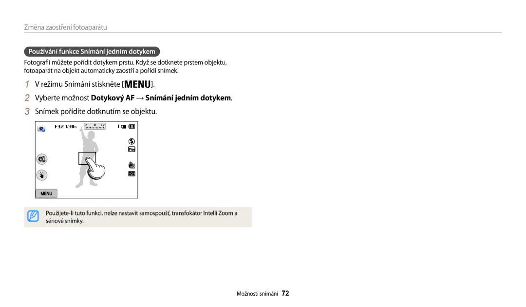 Samsung EC-WB200FBPRE3 manual Vyberte možnost Dotykový AF → Snímání jedním dotykem, Snímek pořídíte dotknutím se objektu 