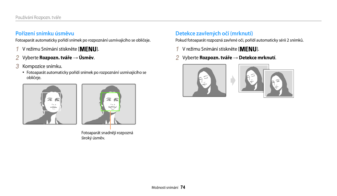 Samsung EC-WB200FBPWE3 manual Pořízení snímku úsměvu, Detekce zavřených očí mrknutí, Vyberte Rozpozn. tváře → Úsměv 