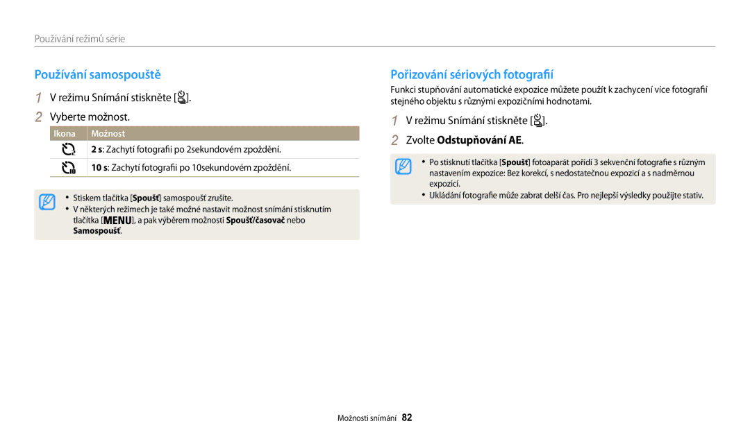 Samsung EC-WB200FBPBE3, EC-WB200FBPWE3, EC-WB200FBPRE3 manual Pořizování sériových fotografií, Zvolte Odstupňování AE 