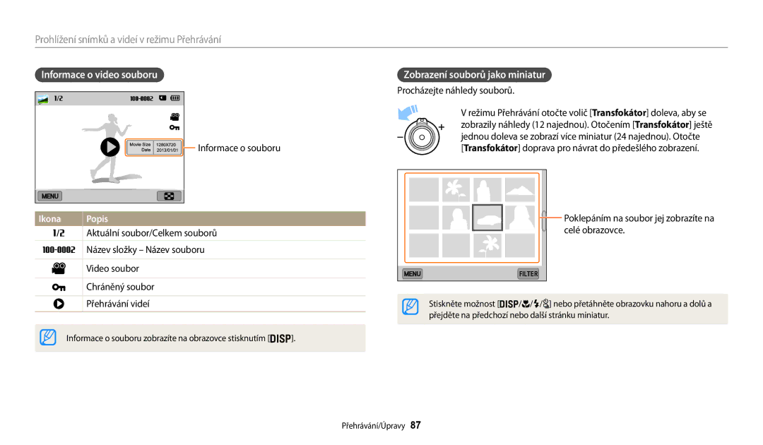 Samsung EC-WB200FBPRE3 manual Informace o video souboru, Zobrazení souborů jako miniatur, Procházejte náhledy souborů 