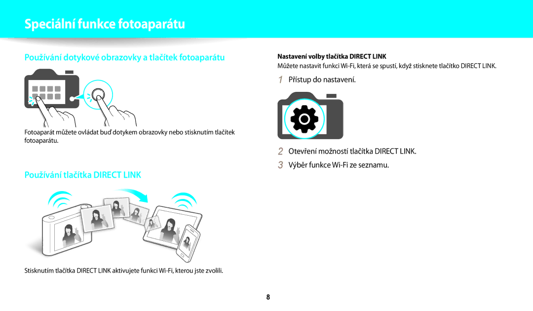 Samsung EC-WB200FBPWE3, EC-WB200FBPRE3, EC-WB200FBPBE3 Speciální funkce fotoaparátu, Nastavení volby tlačítka Direct Link 