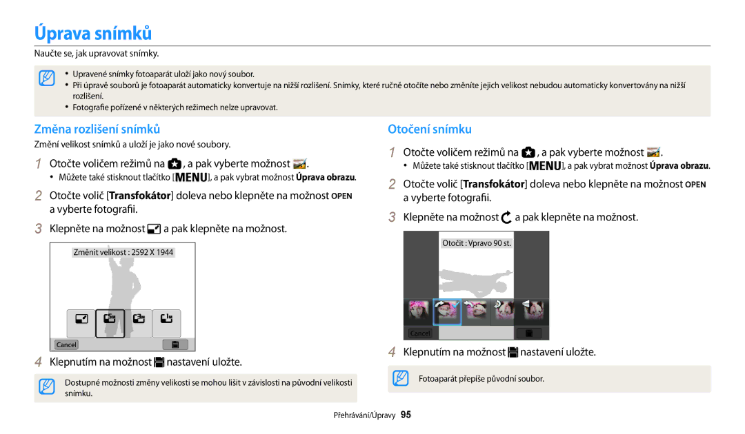 Samsung EC-WB200FBPWE3 manual Změna rozlišení snímků, Otočení snímku, Otočte voličem režimů na , a pak vyberte možnost 