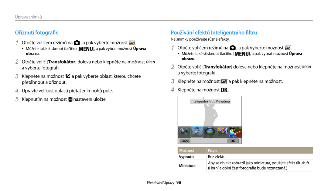 Samsung EC-WB200FBPRE3 Oříznutí fotografie, Používání efektů Inteligentního filtru, Na snímky používejte různé efekty 