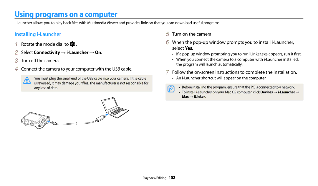 Samsung EC-WB202FBDBFR manual Using programs on a computer, Installing i-Launcher, Select Connectivity → i-Launcher → On 