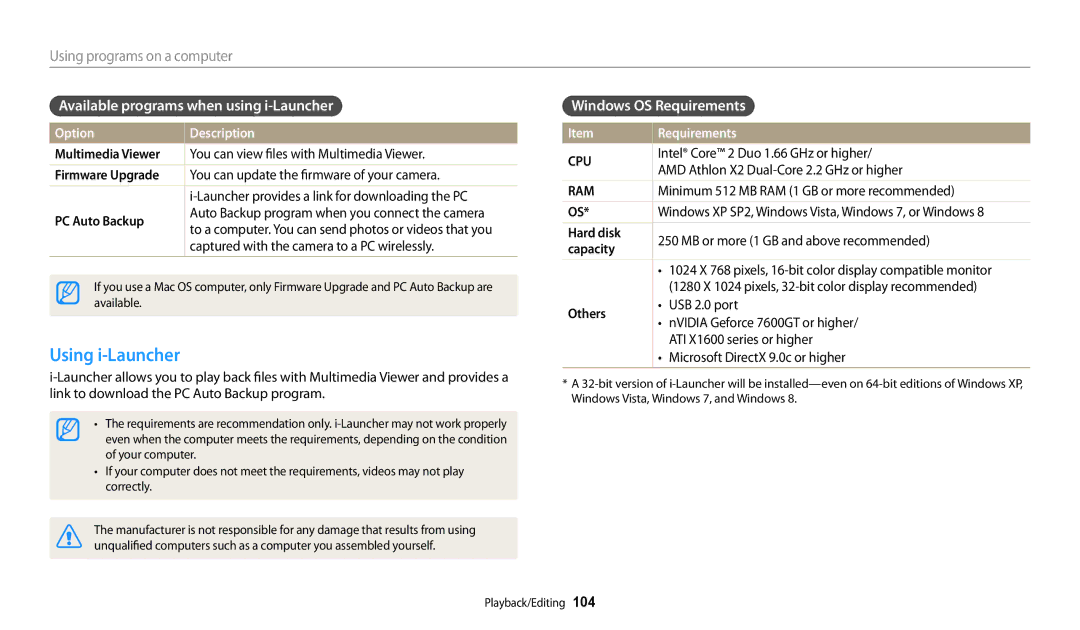 Samsung EC-WB201FBDWE1, EC-WB202FBDBFR Using i-Launcher, Available programs when using i-Launcher, Windows OS Requirements 