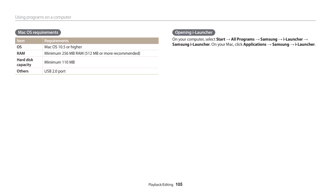 Samsung EC-WB200FBPRFR, EC-WB202FBDBFR, EC-WB201FBDWE1 manual Mac OS requirements, Opening i-Launcher, Mac OS 10.5 or higher 