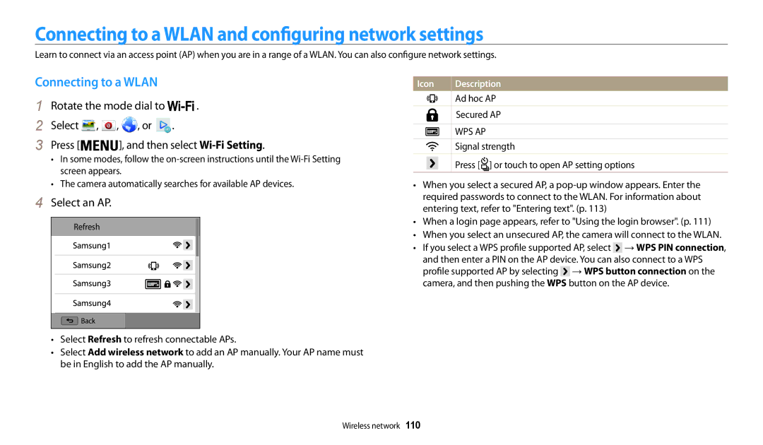 Samsung EC-WB200FBPWE1, EC-WB202FBDBFR, EC-WB201FBDWE1 Connecting to a Wlan and configuring network settings, Select an AP 