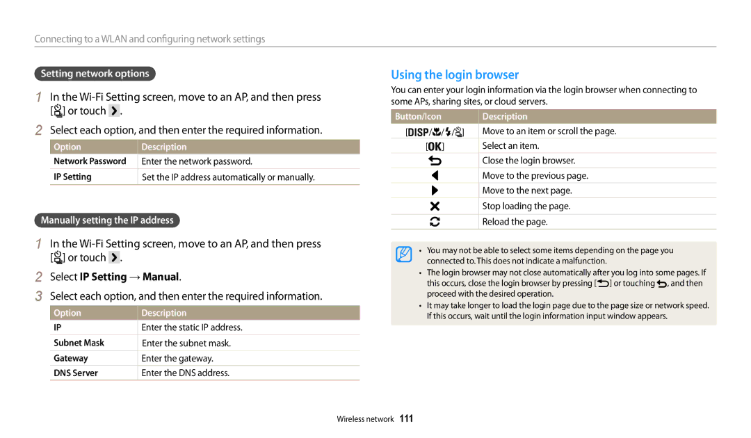 Samsung EC-WB200FBPRIL, EC-WB202FBDBFR manual Using the login browser, Select IP Setting → Manual, Setting network options 