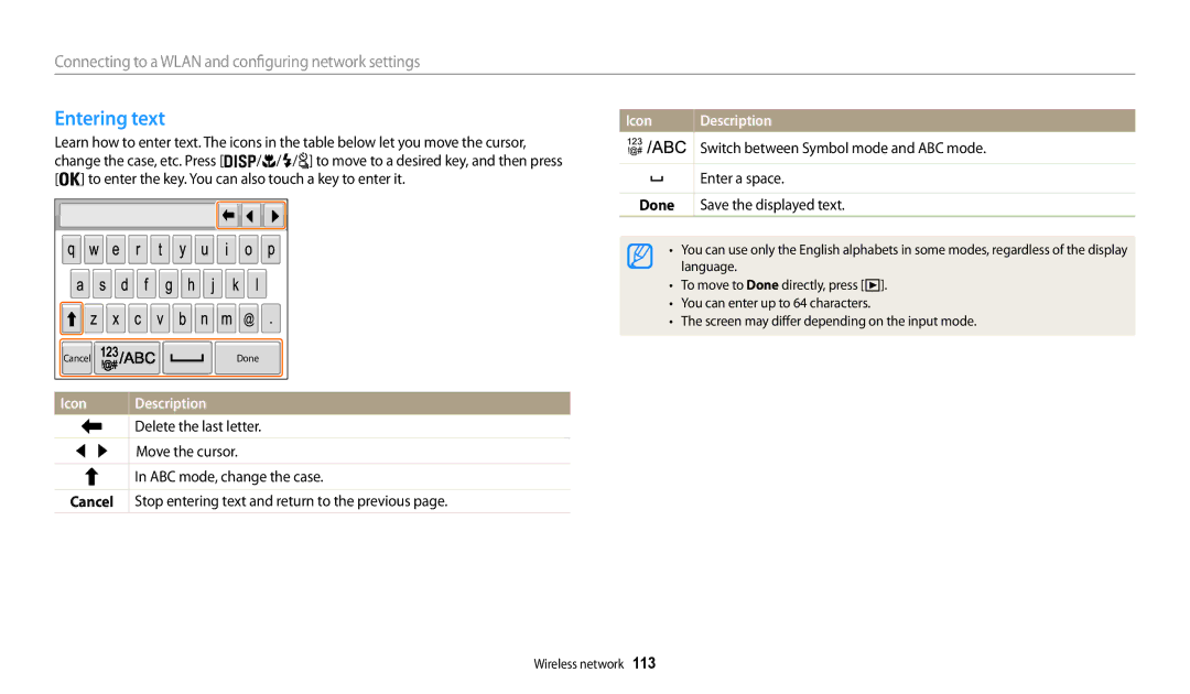 Samsung EC-WB200FBPBIL, EC-WB202FBDBFR, EC-WB201FBDWE1, EC-WB200FBPRFR, EC-WB200FBPBFR manual Entering text, Icon Description 