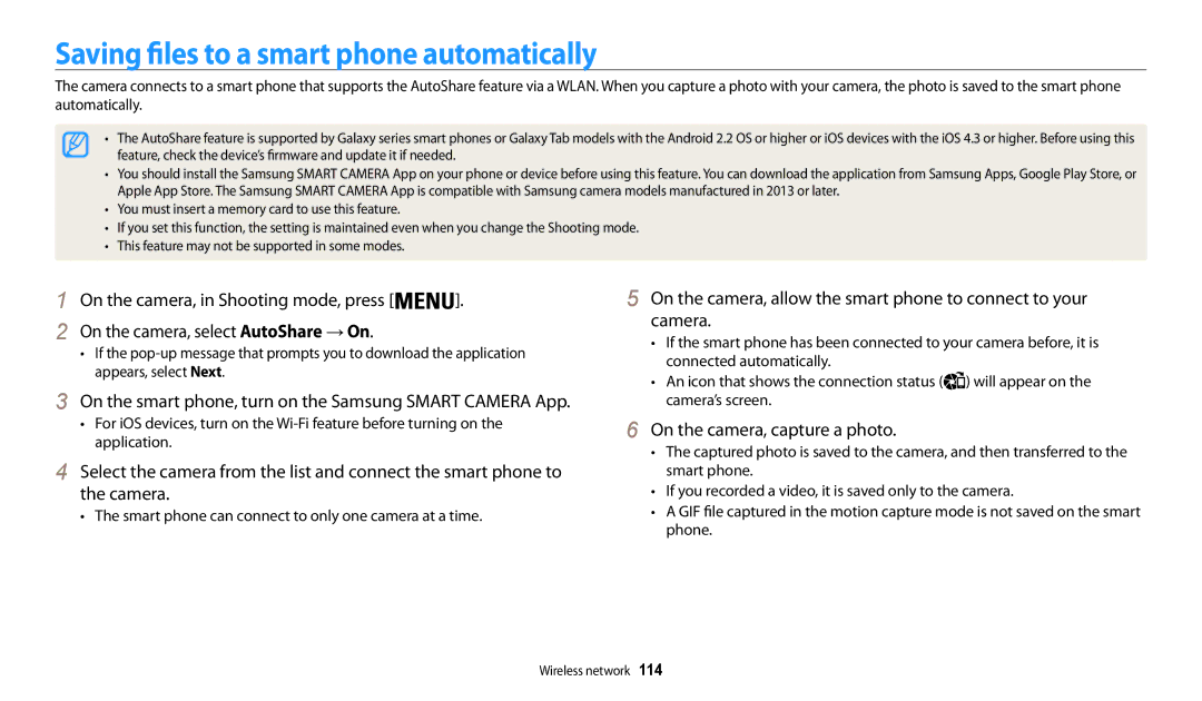 Samsung EC-WB200FBPBE1, EC-WB202FBDBFR manual Saving files to a smart phone automatically, On the camera, capture a photo 