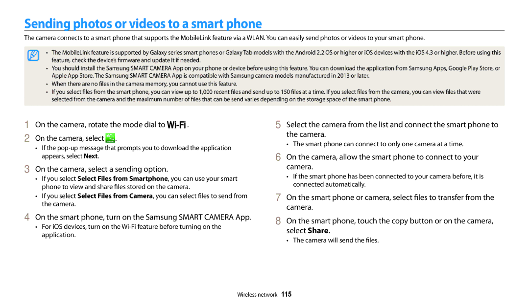 Samsung EC-WB200FBPWIL, EC-WB202FBDBFR Sending photos or videos to a smart phone, On the camera, select a sending option 