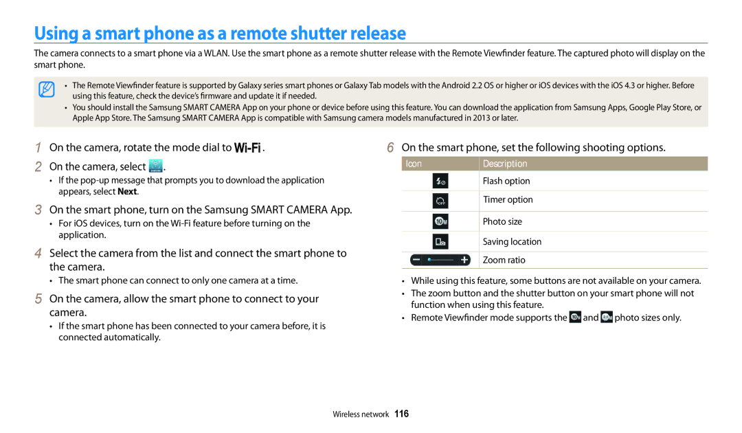 Samsung EC-WB200FBDRSA, EC-WB202FBDBFR, EC-WB201FBDWE1, EC-WB200FBPRFR manual Using a smart phone as a remote shutter release 