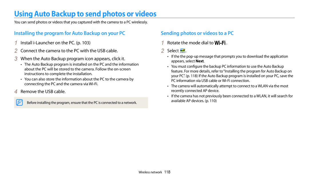 Samsung EC-WB200FBDWSA manual Using Auto Backup to send photos or videos, Installing the program for Auto Backup on your PC 