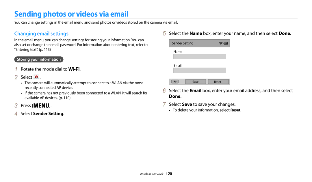 Samsung EC-WB200FBPRE3, EC-WB202FBDBFR Sending photos or videos via email, Changing email settings, Select Sender Setting 