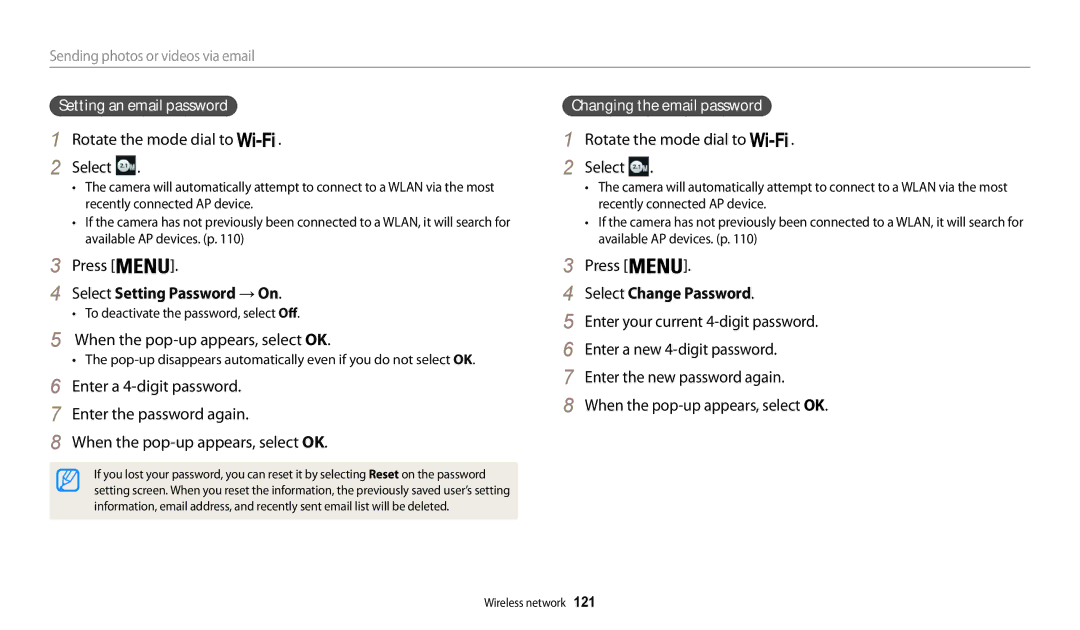 Samsung EC-WB200FBPBE3 manual Select Setting Password → On, When the pop-up appears, select OK, Select Change Password 