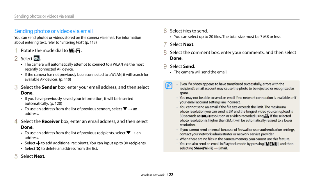 Samsung EC-WB200FBPBE2 Sending photos or videos via email, Select Next Select files to send, Camera will send the email 