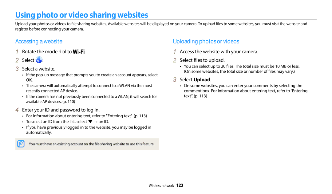 Samsung EC-WB200FBPBKZ manual Using photo or video sharing websites, Accessing a website, Enter your ID and password to log 