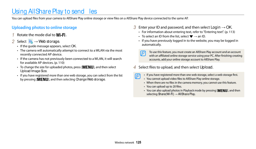 Samsung EC-WB200FBPBRU, EC-WB202FBDBFR manual Using AllShare Play to send files, Uploading photos to online storage 