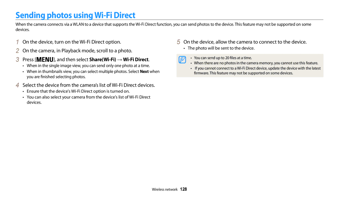 Samsung EC-WB200FBPWE2 Sending photos using Wi-Fi Direct, Press, On the device, allow the camera to connect to the device 