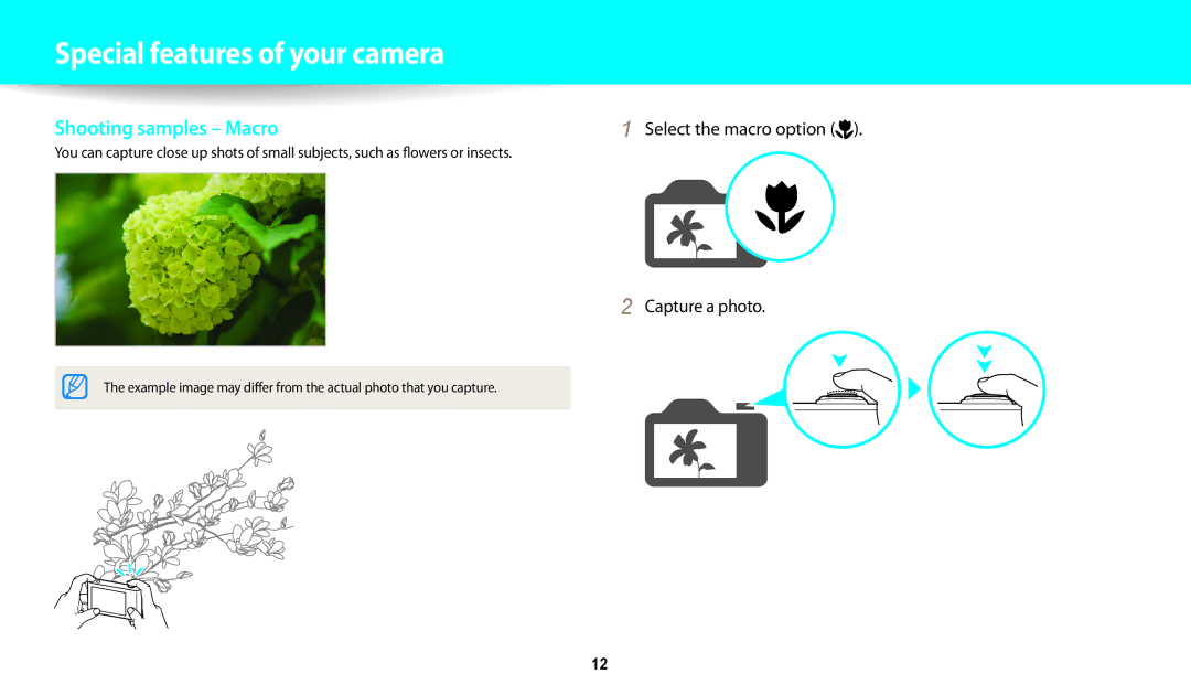 Samsung EC-WB200FBDRSA, EC-WB202FBDBFR, EC-WB201FBDWE1 manual Shooting samples Macro, Select the macro option Capture a photo 